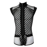 Tuta Corta Uomo Sexy Con Zip e Inserti a Rete e Fantasia a Bande Nere