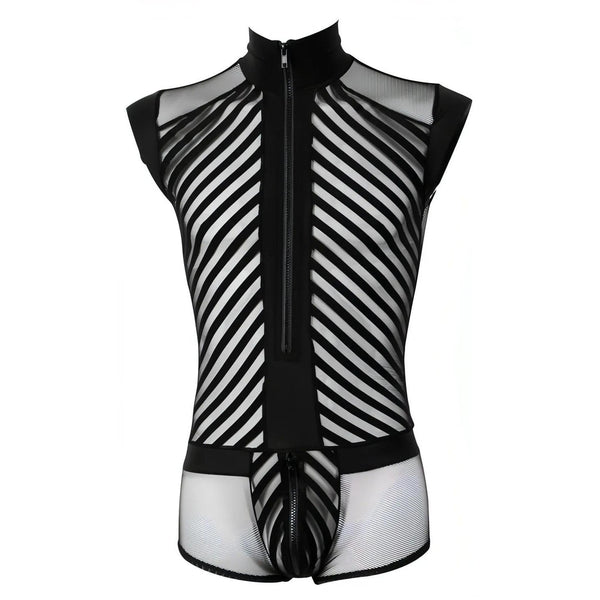 Tuta Corta Uomo Sexy Con Zip e Inserti a Rete e Fantasia a Bande Nere