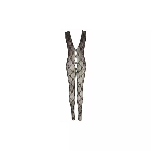 Tutina catsuit nera trasparente con spalline sottili e design aperto