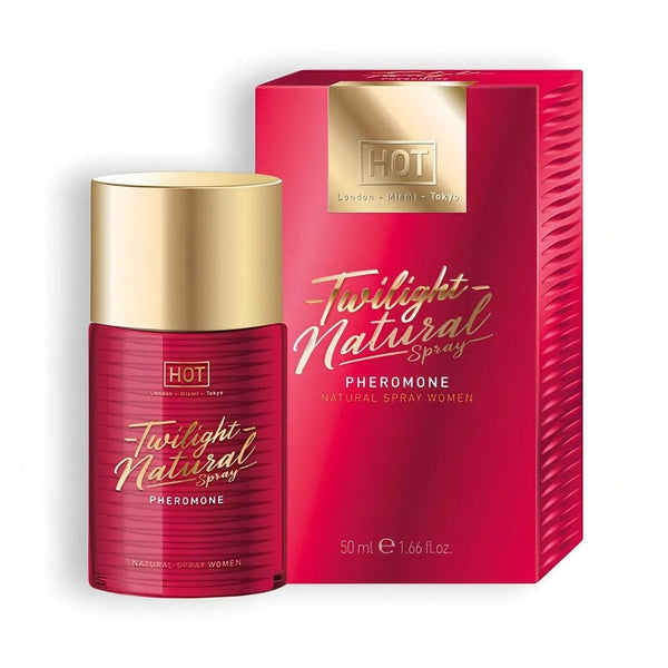 Spray feromoni Twilight Natural donna 50 ml flacone rosso con tappo dorato e scatola rigata