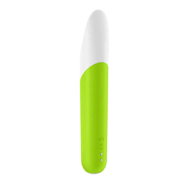 Vista laterale posteriore vibratore bullet Satisfyer verde lime con pulsanti e certificazioni