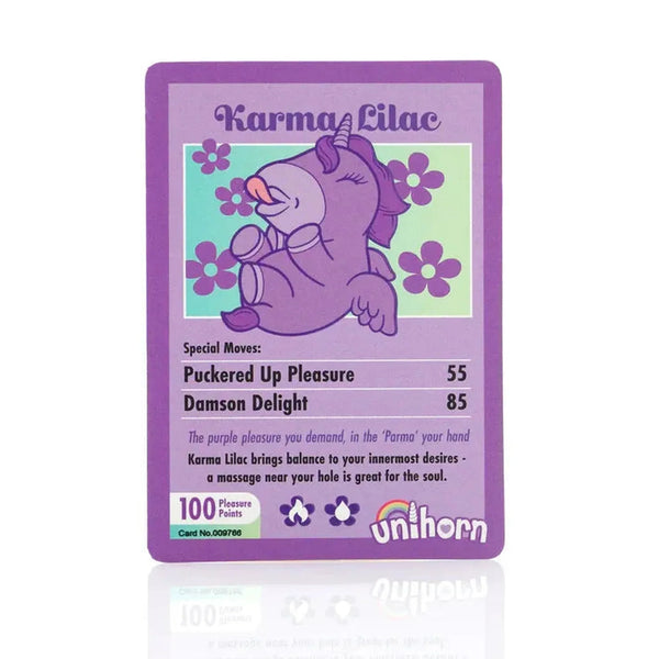 Cartolina promozionale Unihorn Karma Lilac con illustrazione unicorno e modalità