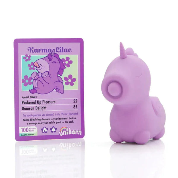 Vibratore clitorideo Unihorn Karma Lilac con scheda dettagli modalità e logo