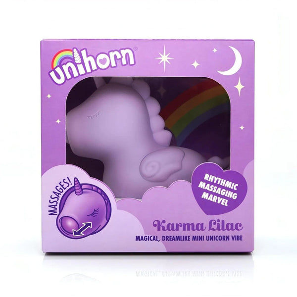 Confezione vibratore clitorideo Unihorn Karma Lilac unicorno con finestra trasparente