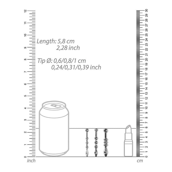 Confronto dimensioni sonde uretrali metalliche con righello e specifiche tecniche in cm