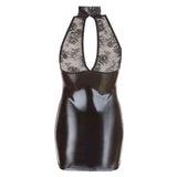Vestitino nero effetto pelle vista posteriore scollo halter inserto pizzo