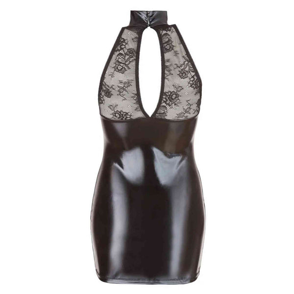 Vestitino nero effetto pelle vista posteriore scollo halter inserto pizzo