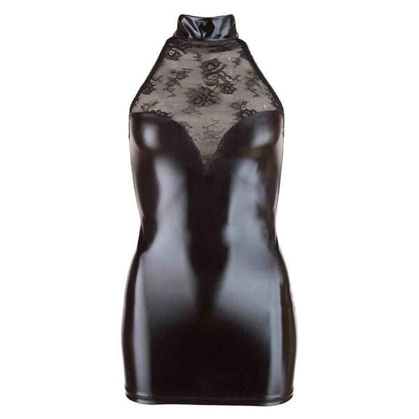Vestitino nero aderente scollo halter inserto trasparente décolleté pizzo