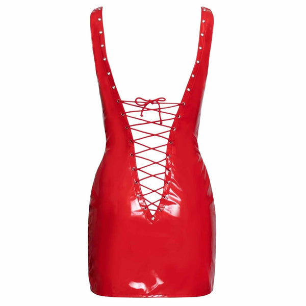 Retro vestitino in vinile rosso con lacci incrociati e fori metallici