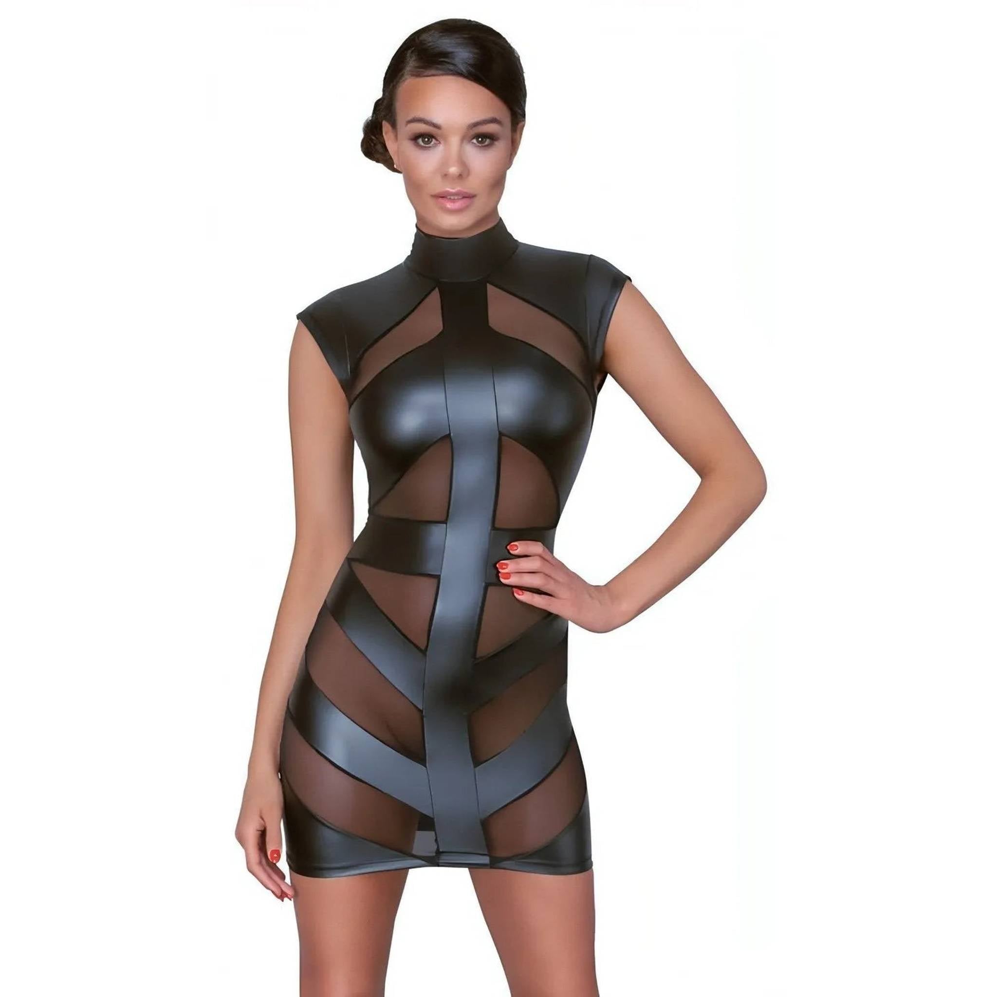Vestitino sexy collo alto nero opaco con inserti trasparenti -M