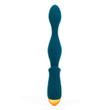 Vista frontale vibratore anale blu scuro con simboli vibrazione e accensione su manico