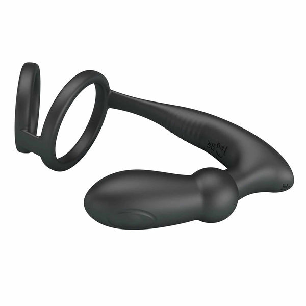 Vista laterale vibratore anale nero silicone doppio anello protuberanza sferica
