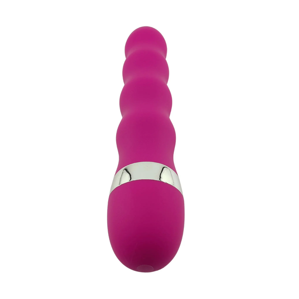 Vibratore rosa acceso vista angolata con forma ondulata e testa arrotondata