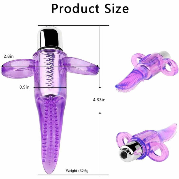 Vibratore da dita viola traslucido dimensioni e dettagli superficie a rilievi