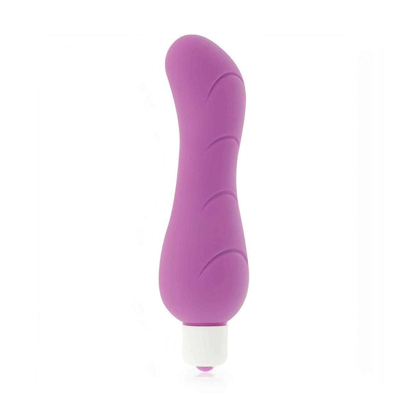Vibratore viola con onde tattili in silicone e base bianca pulsanti