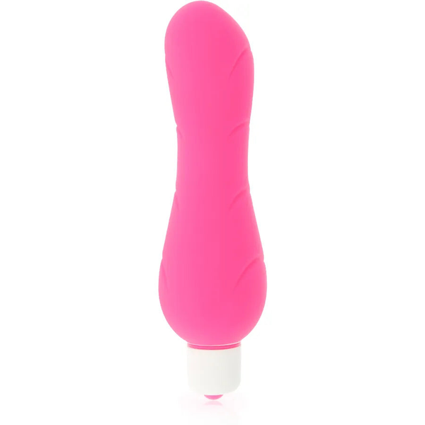 Vibratore rosa acceso con incisioni ondulate e base bianca per uso intimo