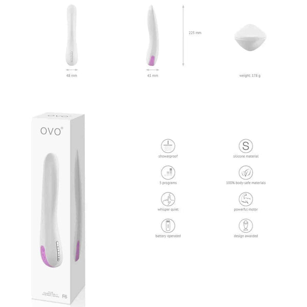 Confezione vibratore OVO F6 silicone impermeabile con specifiche tecniche