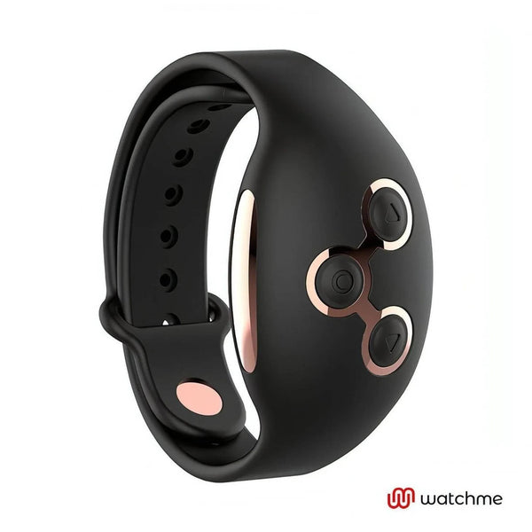 Smartband nero per controllo vibratore con pulsanti rosa dorati e logo Watchme