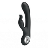 Vista laterale vibratore rabbit nero ergonomico con tre pulsanti e base metallica