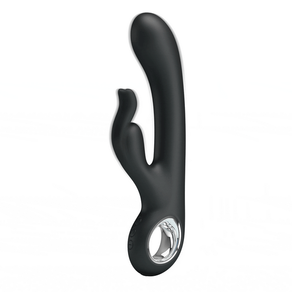 Vista laterale vibratore rabbit nero ergonomico con tre pulsanti e base metallica