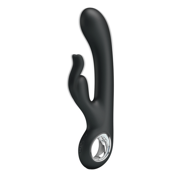 Vibratore rabbit nero in silicone con forma ergonomica e controlli tattili