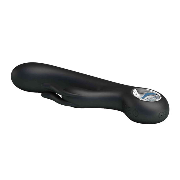 Vibratore rabbit nero opaco ergonomico con pulsanti incisi e base metallica decorata