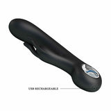 Vibratore rabbit nero con dettaglio foro ricarica USB e etichetta ricaricabile