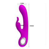 Vibratore rabbit viola acceso con misure grafiche e anello di ricarica cromato