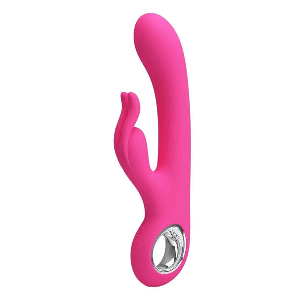 Vibratore rabbit rosa curvato con struttura coniglio e pulsanti sul lato
