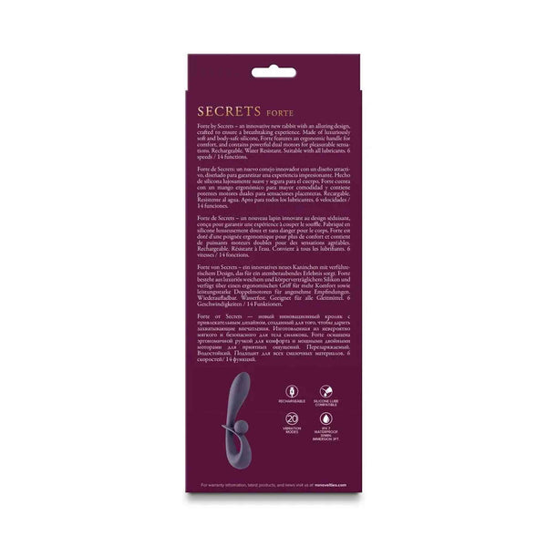 Retro confezione vibratore rabbit SECRETS con specifiche impermeabile IPX7 e 14 modalità