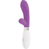 Vibratore rabbit viola silicone vista frontale con anello metallico