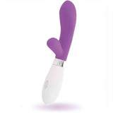 Vibratore rabbit viola in silicone con base bianca e pulsanti ovali