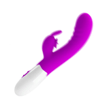 Vibratore rabbit silicone viola acceso diagonale con texture e zona controllo base