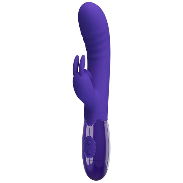 Vibratore rabbit silicone viola scuro frontale con simboli accensione e regolazione