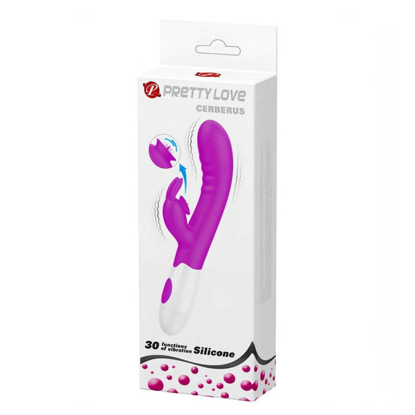 Scatola vibratore rabbit Pretty Love Cerberus viola con 30 funzioni e funzione licking