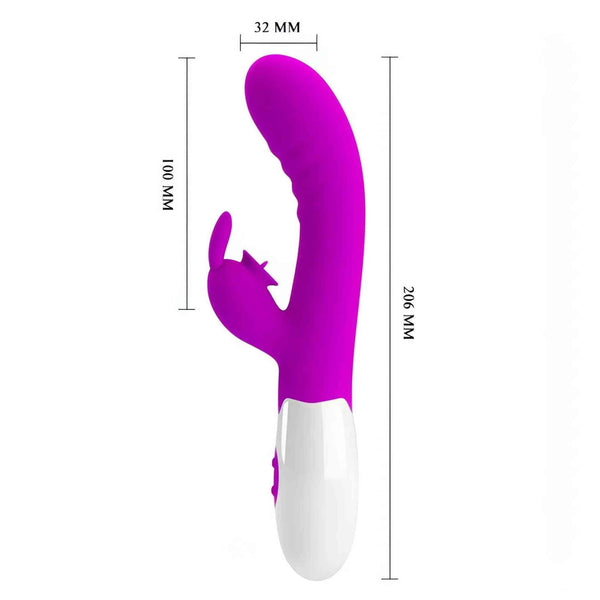 Vibratore rabbit silicone viola con indicazioni dimensioni 206mm e manico pulsanti