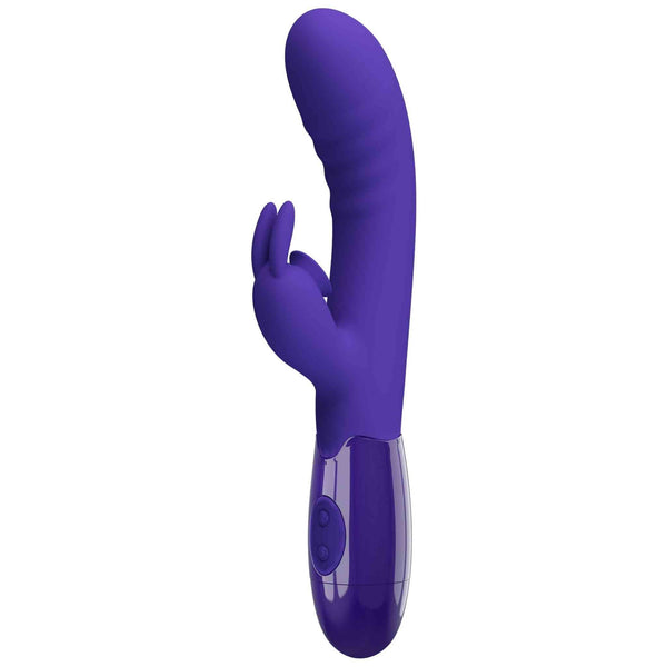 Vibratore rabbit silicone viola scuro laterale con superficie morbida e manico lucido