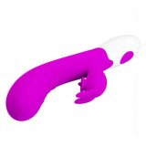 Vibratore rabbit silicone morbido viola acceso con base bianca e pulsante di controllo
