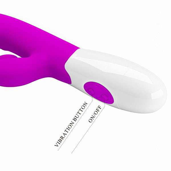 Dettaglio manico vibratore rabbit silicone viola acceso con pulsanti vibrazione e on/off