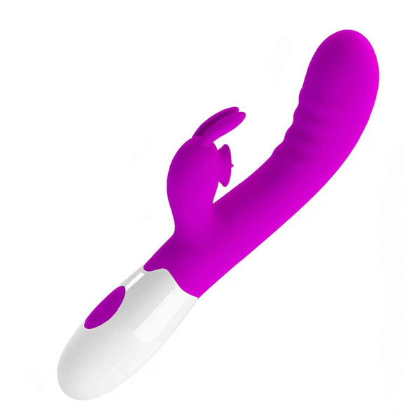 Vibratore rabbit silicone viola acceso completo con manico opaco e testa a coniglio