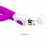 Vibratore rabbit viola aperto con vano batterie AAA installato e coperchio rimosso