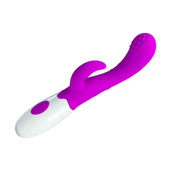 Vibratore rabbit viola con base bianca e funzione waving