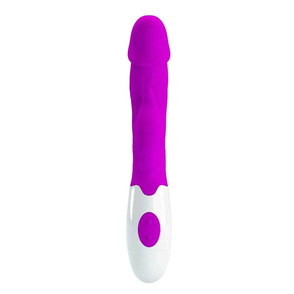 Vista frontale vibratore rabbit viola a forma di glande con base bianca