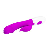 Vibratore rabbit viola e bianco su sfondo bianco vista diagonale
