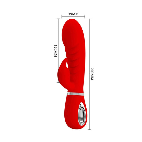 Vibratore rabbit rosso in silicone medicale con scanalature e anello metallico