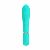 Vibratore rabbit turchese frontale con fascia argento e pulsanti