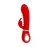 Vibratore rabbit rosso con fascia metallica centrale e orecchio coniglio