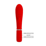 Vibratore rabbit rosso in silicone con etichetta pulsanti vibrazione e on/off