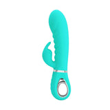 Vibratore rabbit turchese con scanalature verticali e manico ergonomico