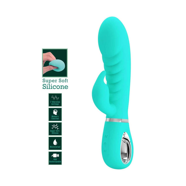 Vibratore rabbit turchese con icone 7 vibrazioni e silicone morbido